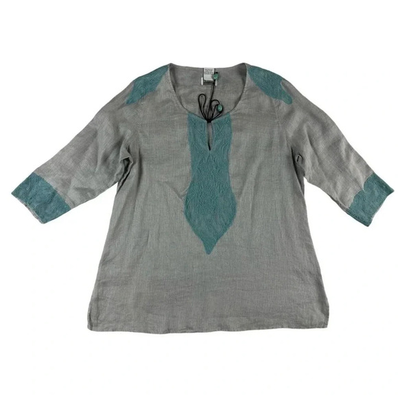 Soft Surroundings Linen Tunic Top Size L Gray Aqua Lace Boho 3/4 Sleeves - Picture 1 of 16